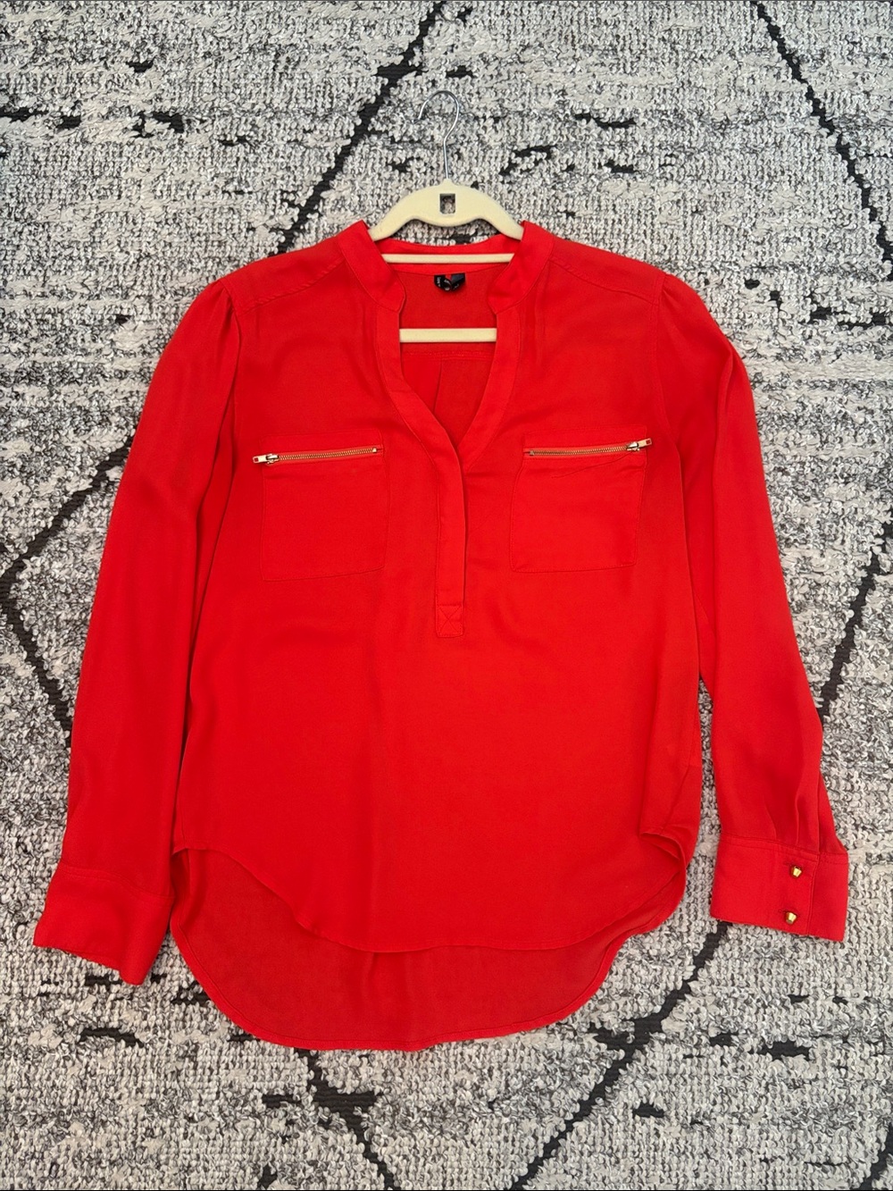 Orange-Red Long-Sleeve Split-Neck Blouse - Women